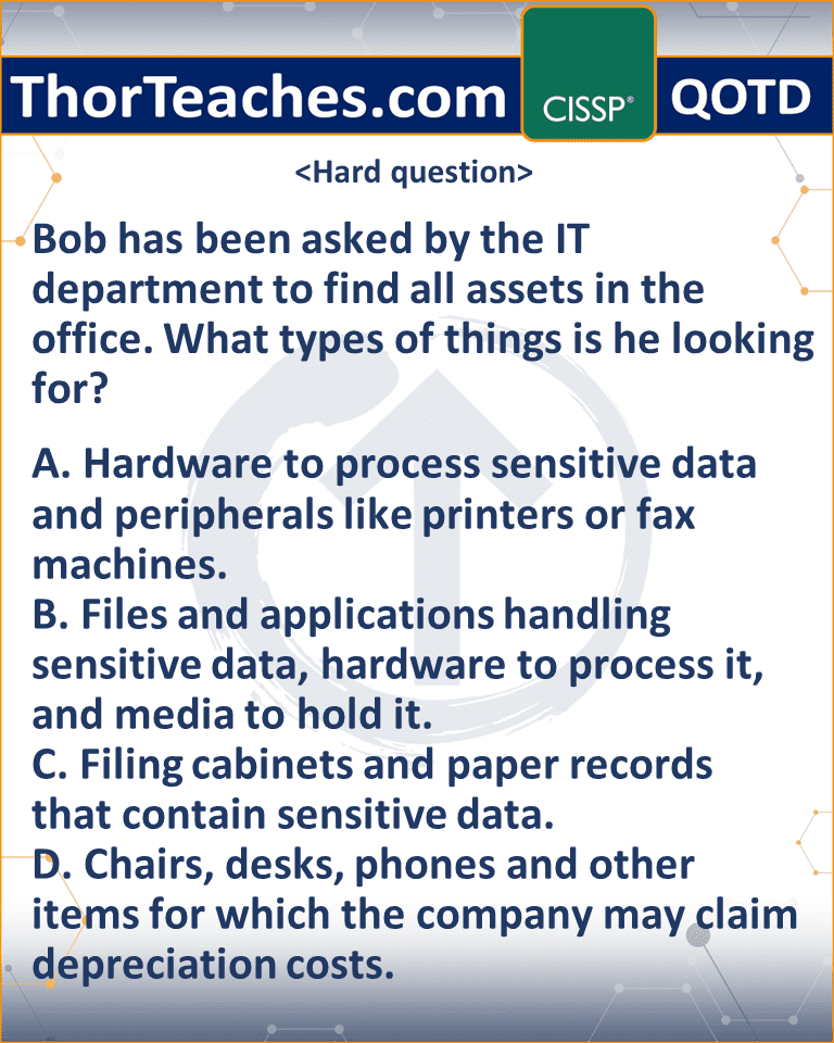 Bob has been asked by the IT department to find all assets in the office. What types of things is he looking for? A. Hardware to process sensitive data and peripherals like printers or fax machines. B. Files and applications handling sensitive data, hardware to process it, and media to hold it. C. Filing cabinets and paper records that contain sensitive data. D. Chairs, desks, phones and other items for which the company may claim depreciation costs.