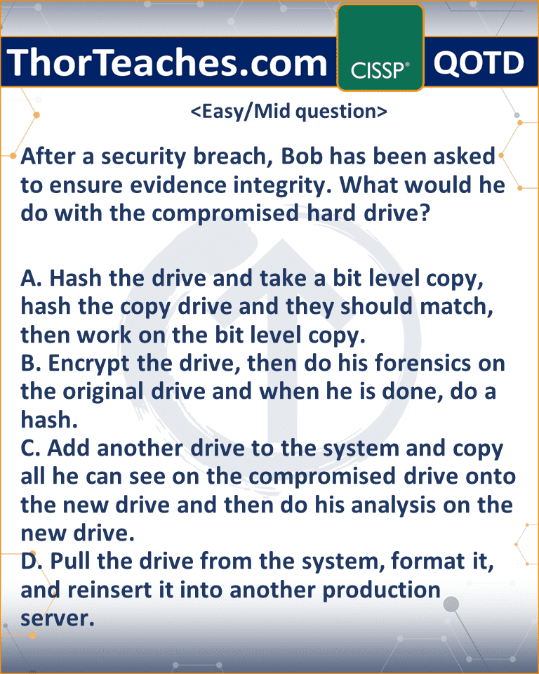 After a security breach, Bob has been asked to ensure evidence integrity. What would he do with the compromised hard drive? A. Hash the drive and take a bit level copy, hash the copy drive and they should match, then work on the bit level copy. B. Encrypt the drive, then do his forensics on the original drive and when he is done, do a hash. C. Add another drive to the system and copy all he can see on the compromised drive onto the new drive and then do his analysis on the new drive. D. Pull the drive from the system, format it, and reinsert it into another production server.