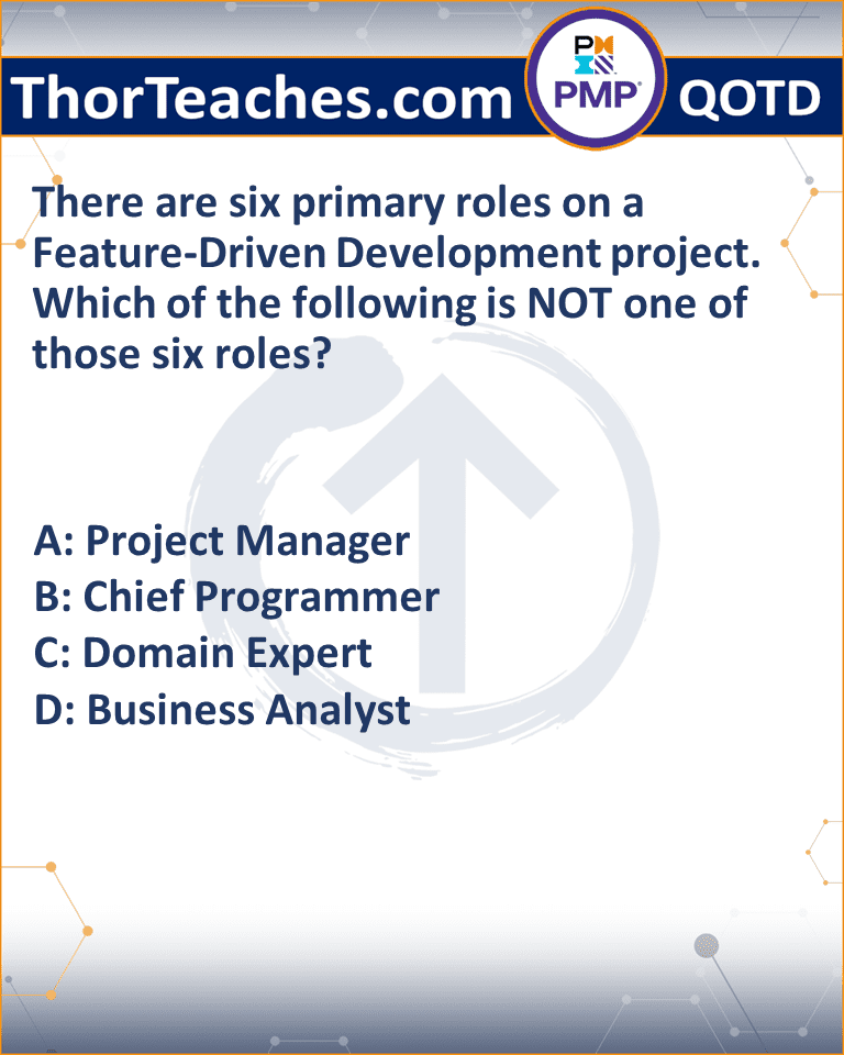 There are six primary roles on a Feature-Driven Development project. Which of the following is NOT one of those six roles? A: Project Manager B: Chief Programmer C: Domain Expert D: Business Analyst