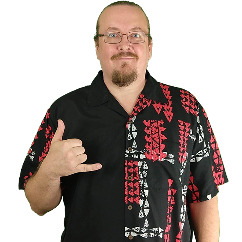 Thor Pedersen in a Black Aloha shirt with red chevrons